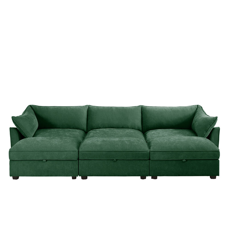 Chenille sectional sofa, Green Chenille, 31.4" H x 146.4" W x 34.2" D