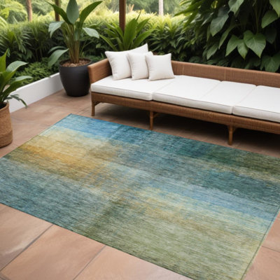 Tapis intérieur lavable abstrait bleu doré et vert 9 pi x 12 pi