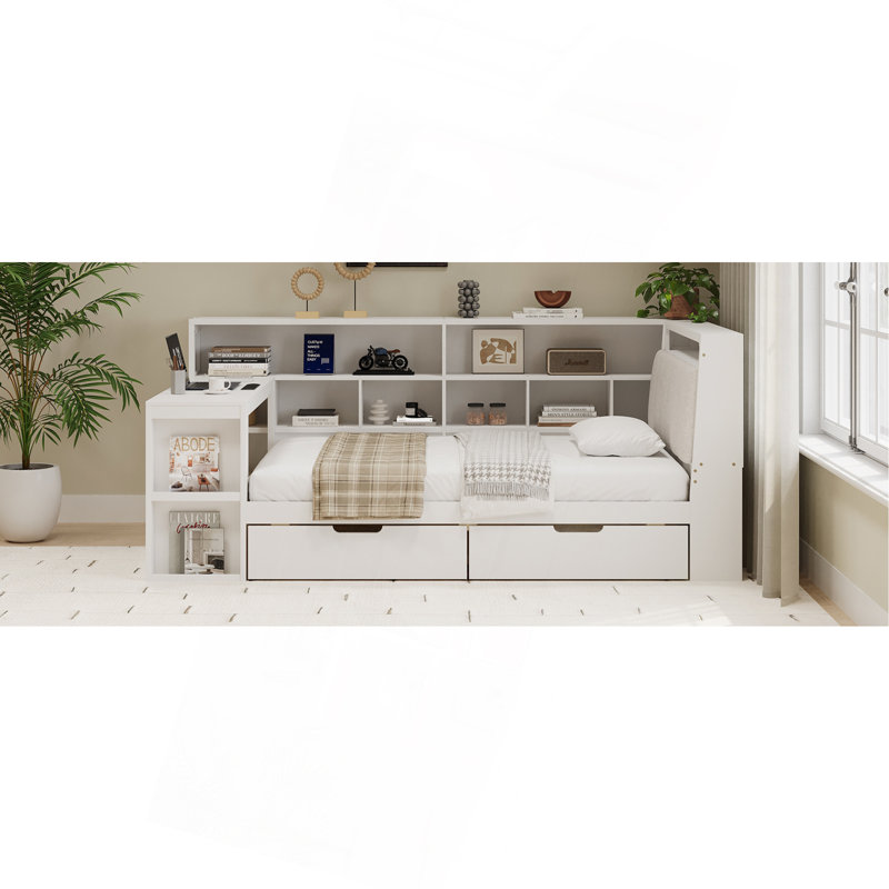 L-Shaped Wooden Daybed With Desk And Storage Bookcase, Corner Bed With Upholstered Headboard And Under-Bed Drawers And LED Light For For Bedroom Living Room