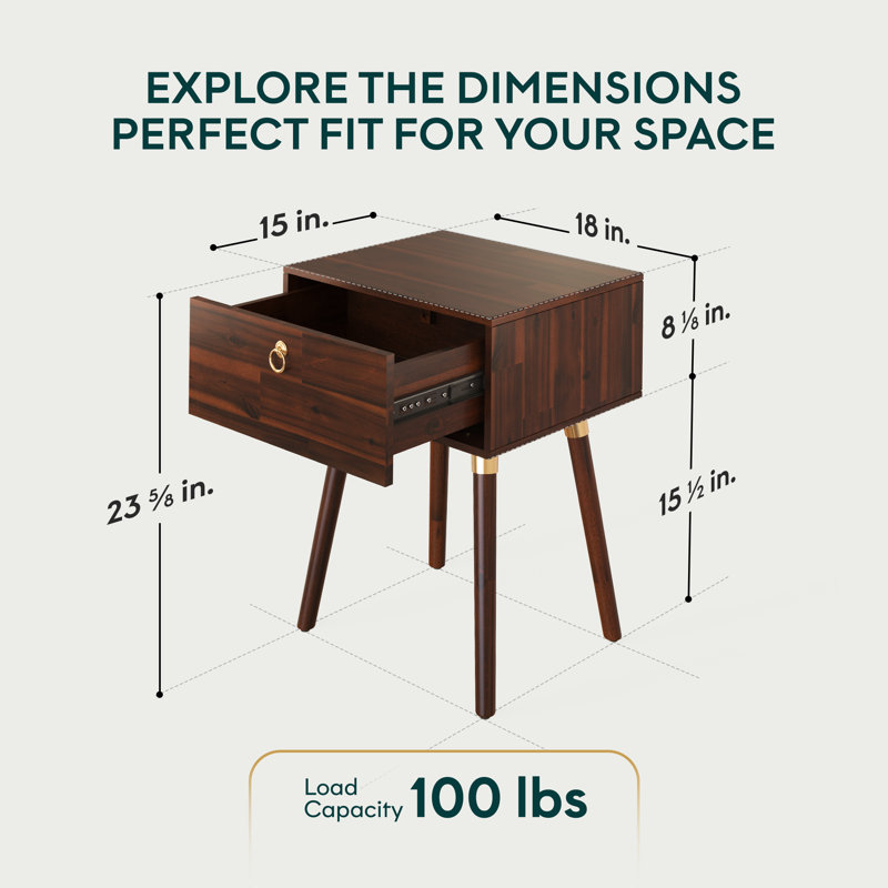 Alden Solid Wood 1-Drawer Nightstand, Walnut