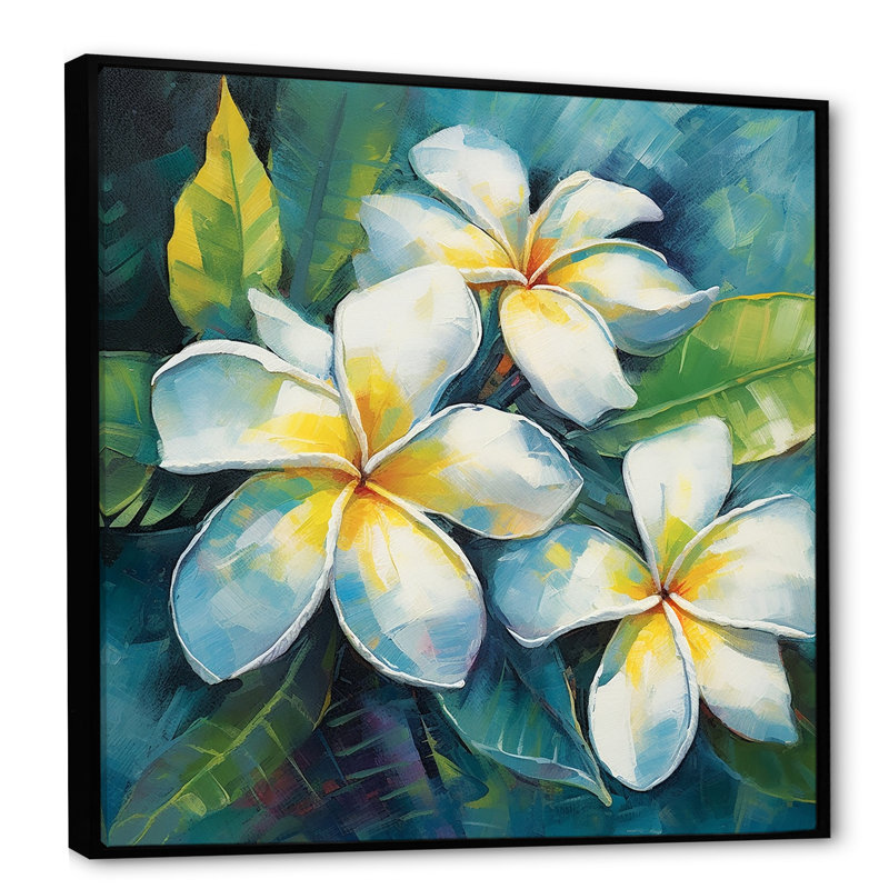 «White Plumeria Symphony Magic I», reproduction sur toile, H 30 po x l 30 po, Cadre flottant noir