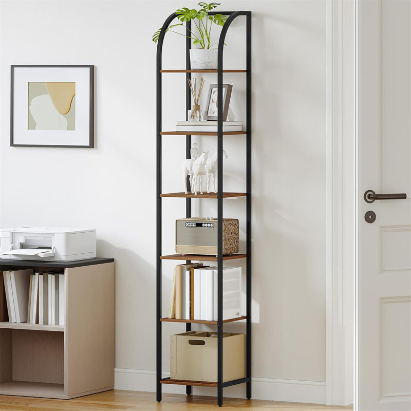 Bookshelf Narrow Bookcase, Tall Storage Rack with Steel Frame, Display Standing Shelf Unit, Skinny Book Shelf for Study Living Room Home Office, Industrial Style, 6-Tier Rustic Brown