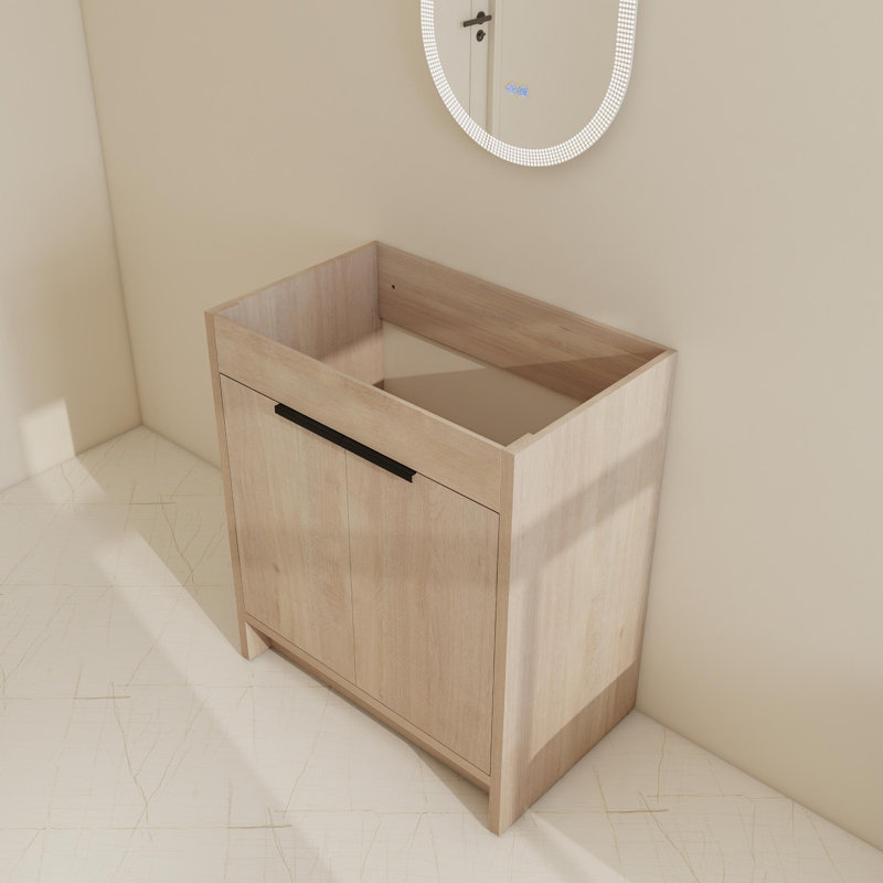 30" Free-Standing Single Bathroom Vanity Base With Adjustable Shelf, Plain Light Oak