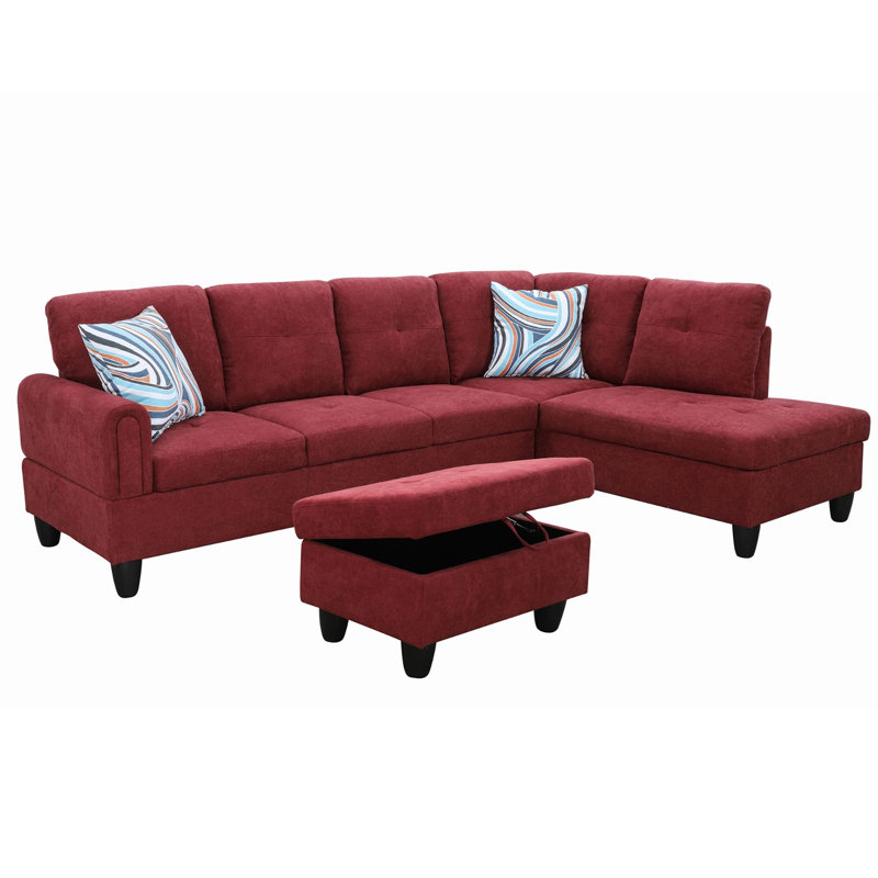 Tatman 97" Wide Velvet Left Hand Facing Sofa & Chaise with Ottoman, Red Velvet, Right Hand Facing