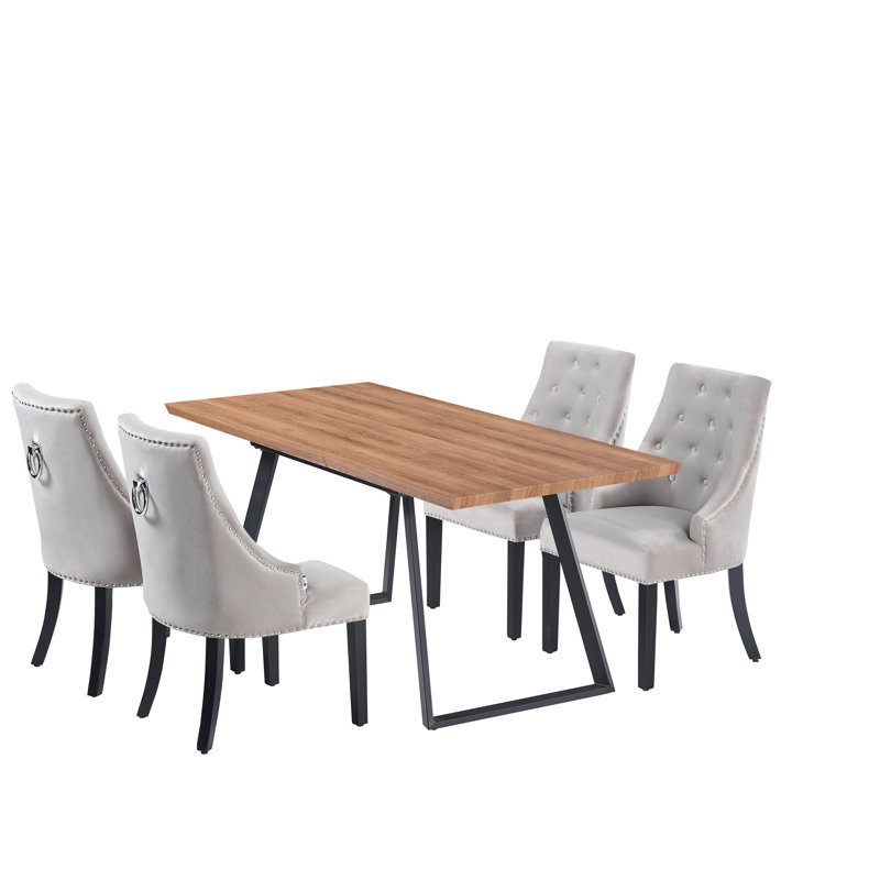 Rooker 4 Person Dining set - a Rectangular Extendable Dining Table with Metal Legs and a Set of 4 Quilted Ring Knocker Velvet Dining Chairs for Dining Room - Modern Dining Table Set