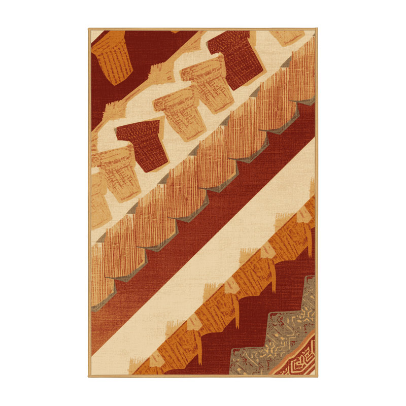 Machine Washable Wilkerson Tamales Global Inspired Block Print Rug in Brown – LightBrown Binding, 8x12
