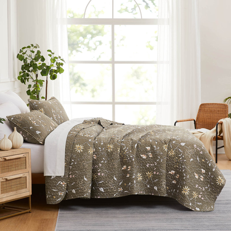 Secret Meadow Microfiber Reversible Quilt Set, Olive Brown, Twin Quilt + 1 Standard Sham