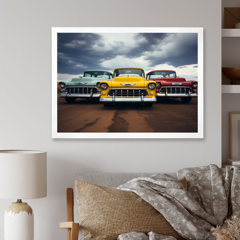Pickup Truck Retro Rides I - Transportation Wall Art Living Room, Cadre simple blanc, H 16 po x l 32 po x P 1 po