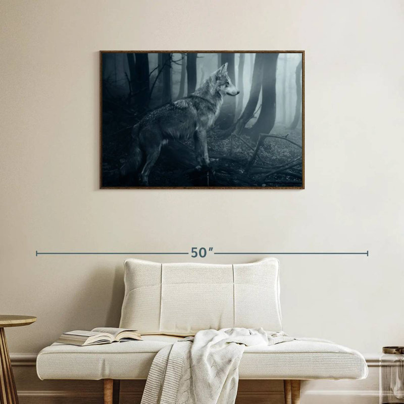 Loup gris, 37 po x 25 po, Cadre flottant noyer