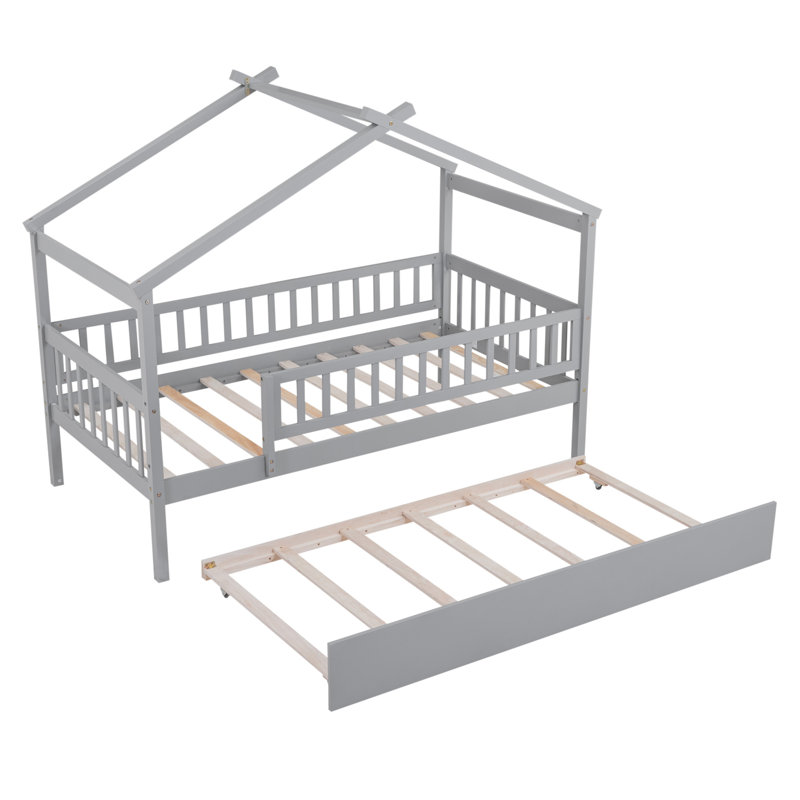 Lit simple en bois avec lit gigogne simple, Gris