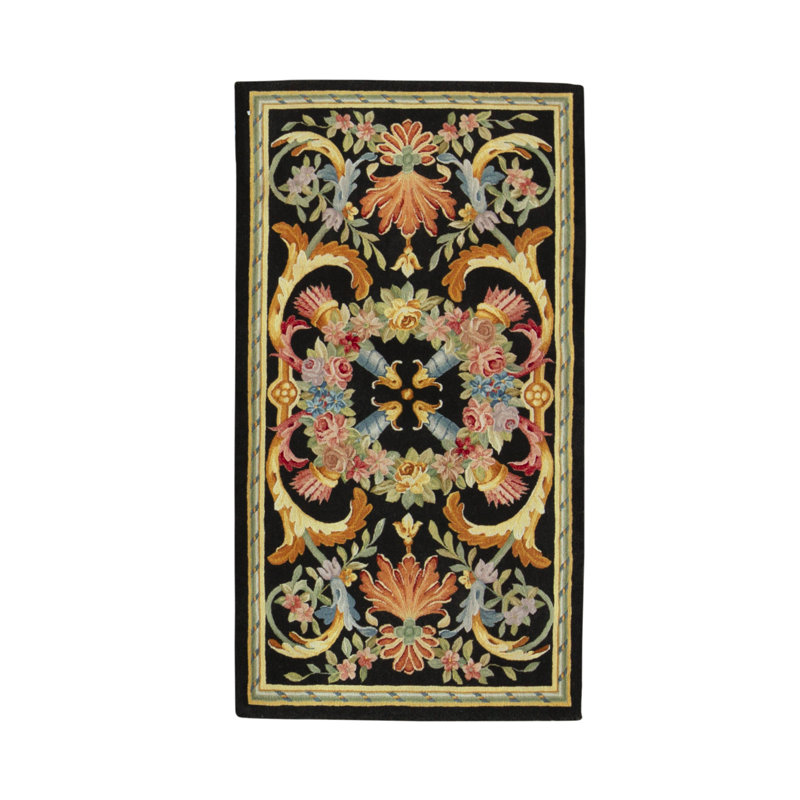 Tapis noir, rose et bleu noué à la main de haute qualité