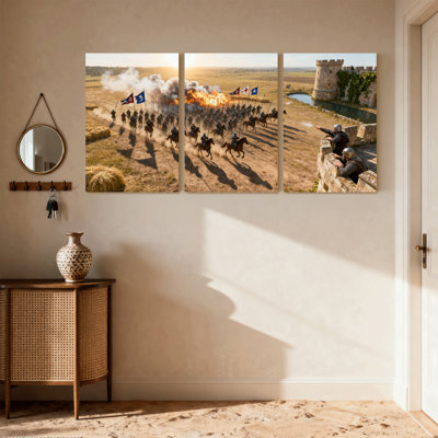 Mid-Century Medieval Battle Scene With Knights And Castle Set of 3 Canvas Wall Art Prints