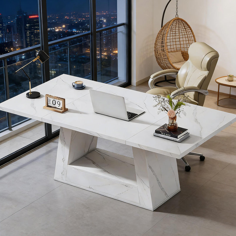 Bureau de direction spacieux, bureau d'ordinateur contemporain, bureau en faux marbre, table de salle à manger, Blanc