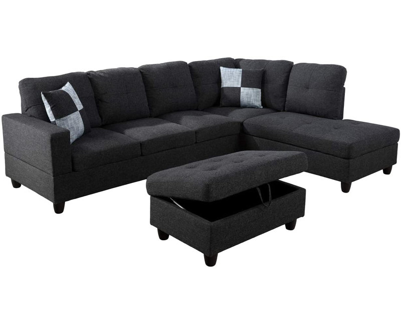 Palmer Square Upholstered Sectional, Left Hand Facing, Black 100% Linen