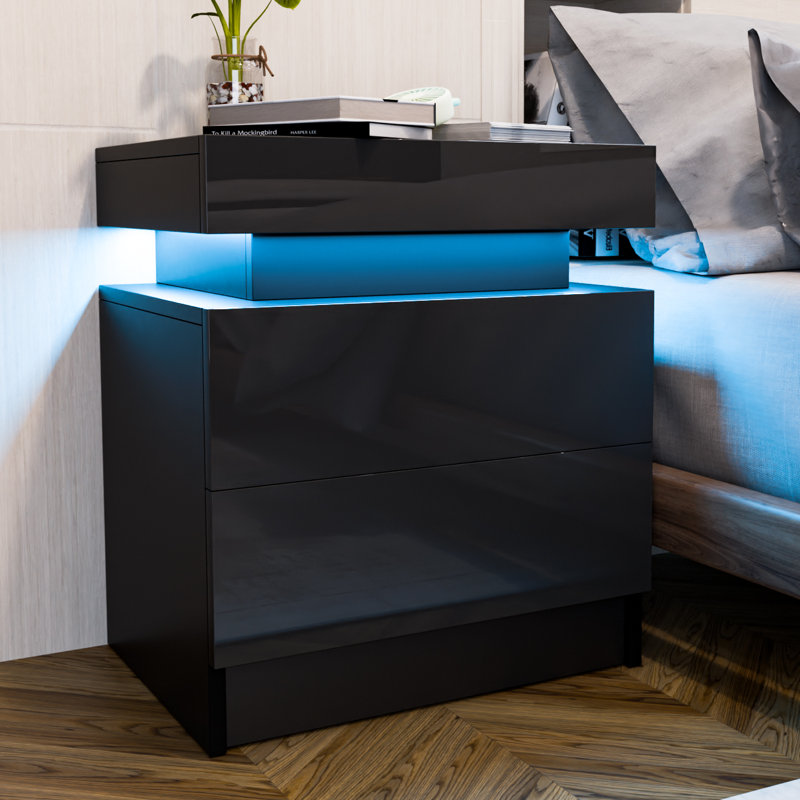 2 - Drawer Nightstand with APP Controlled LED Light and High Gloss Finish, Black