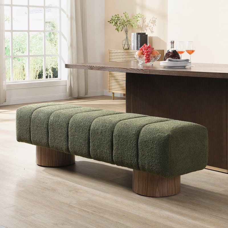 Boucle Upholstered Bench ,No-Assembly, 18" H x 64" W x 16.75" D, Green