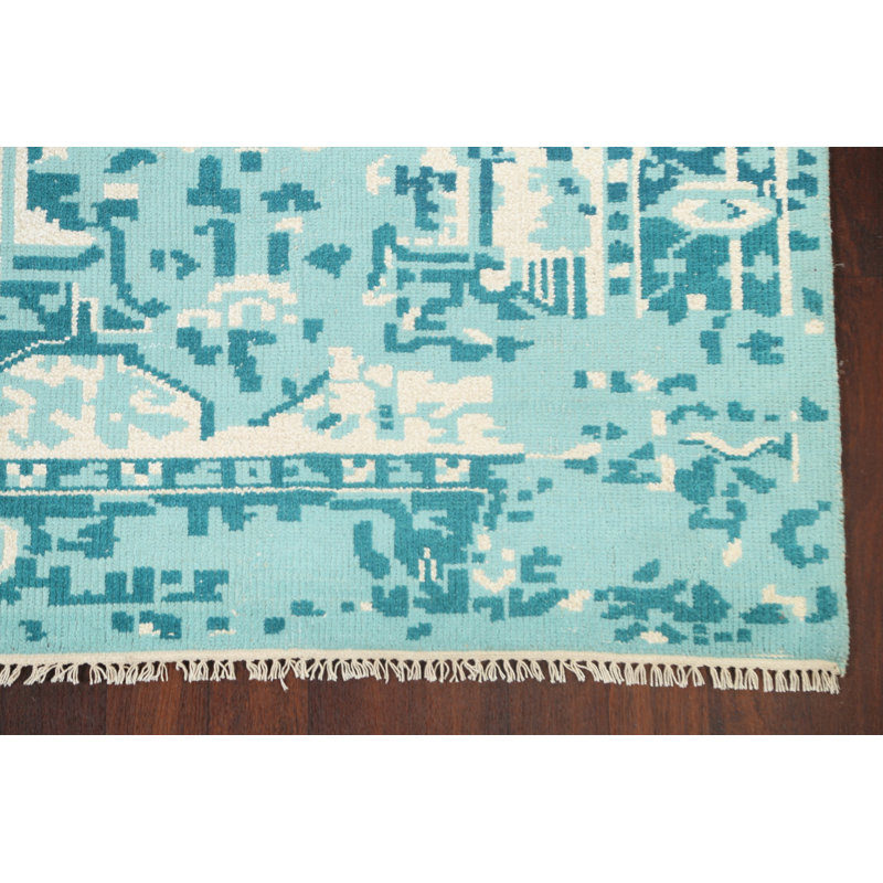 Tapis vert noué à la main de conception unique 5 pi x 7 pi 11 po New Age