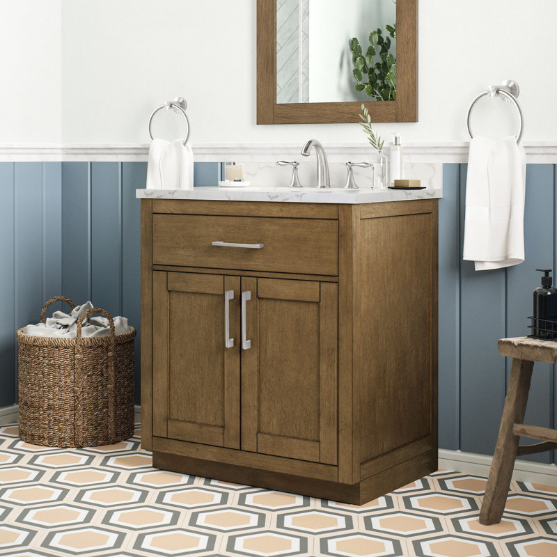 Ensemble de meuble-lavabo autoportant simple en lattes d'amande 30 po Athea avec comptoir en marbre blanc Athea, Brun