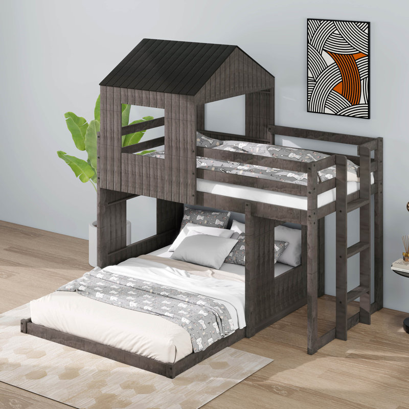 Lit superposé simple au-dessus d'une chambre double avec échelle et garde-corps de sécurité, lit mezzanine avec lit superposé pour enfants