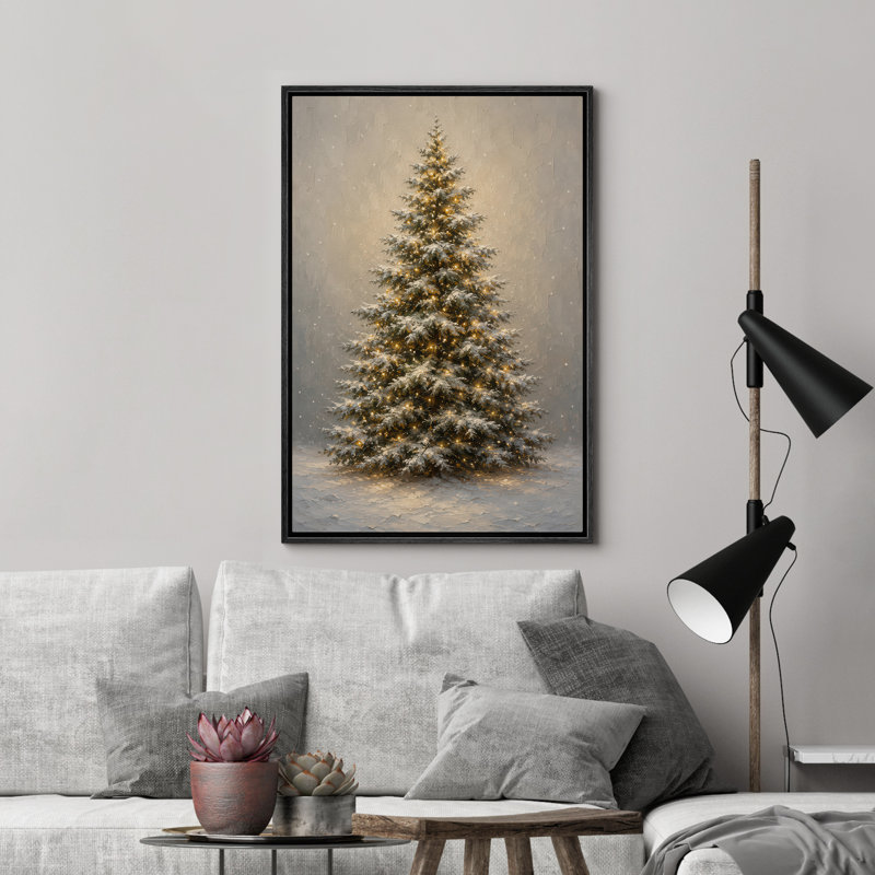 Arbre de Noël illuminé dans une scène d'hiver enneigée, reproduction d'art sur toile encadrée, 24" H x 16" W x 1.5" D, Black