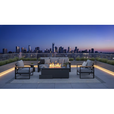5-Person Aluminum Patio Furniture Set With 50000 Btu Fire Pit Table, Modern Patio Conversation Set With 6'' Olefin Cushions For Balcony, Porch, Backyard