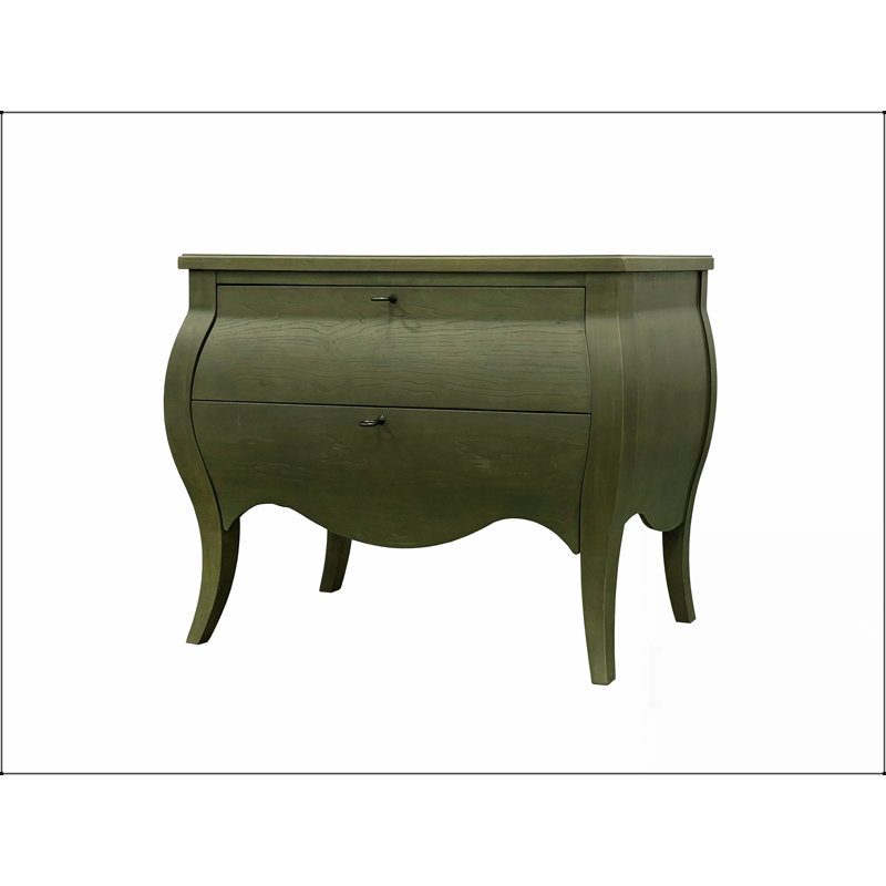 Commode Bombe avec placages en hickory et finition pistache élégante, parfaite pour un rangement élégant dans n'importe quelle pièce