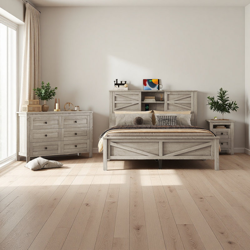 Ensemble de chambre à coucher 3 pièces avec lit plateforme Farmhouse, Gris antique