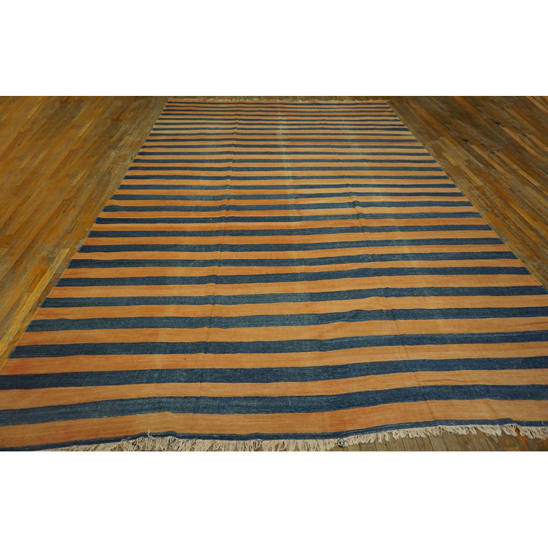 Rustic Antique Geometric Stripes Room Size Indian Cotton Dhurrie Rug