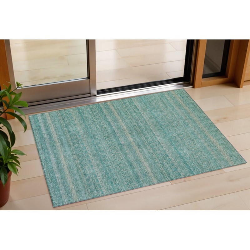 Tapis bleu sarcelle à rayures 3 pi x 5 pi bleu et beige