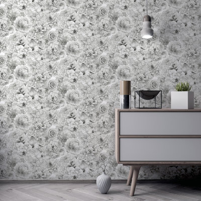 Clarissa Grey Glitter Bloom Wallpaper
