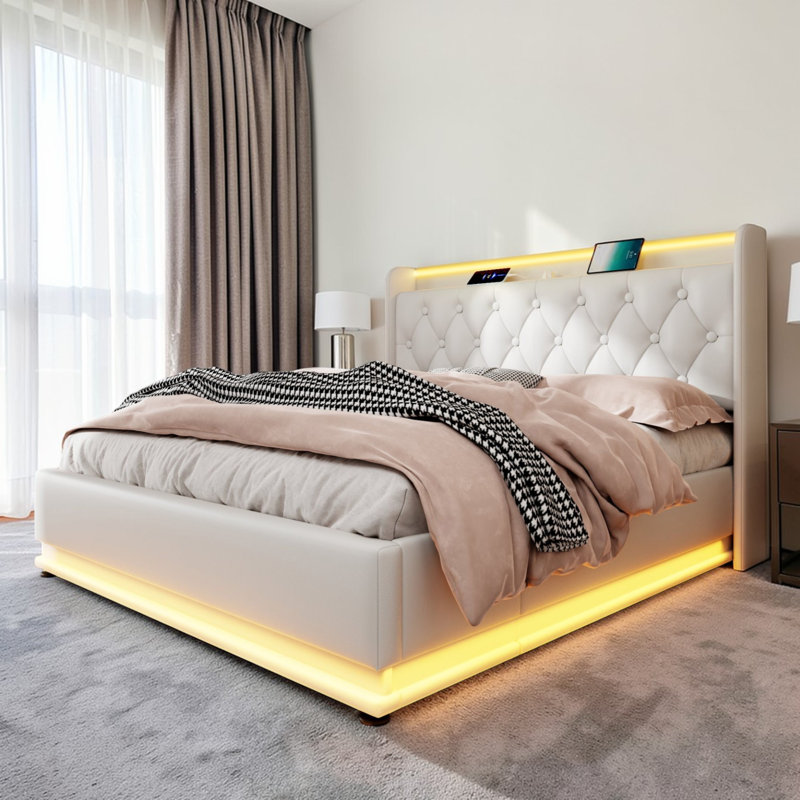 Upholstered 4Ft6 Ottoman Bed Frame With 360 Surround Led Function With Charging Function Hydraulic Storage Bed Frame With Large Storage Space  (No Mattress)