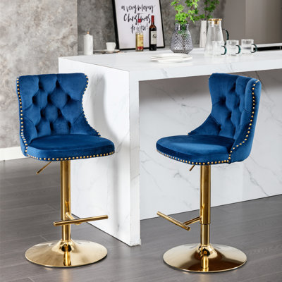Tabourets de bar modernes en velours bleu, de 2 - siège réglable de 25 à 33 pouces, dossier pour îlot de cuisine de pub et maison, style, confort en pouces