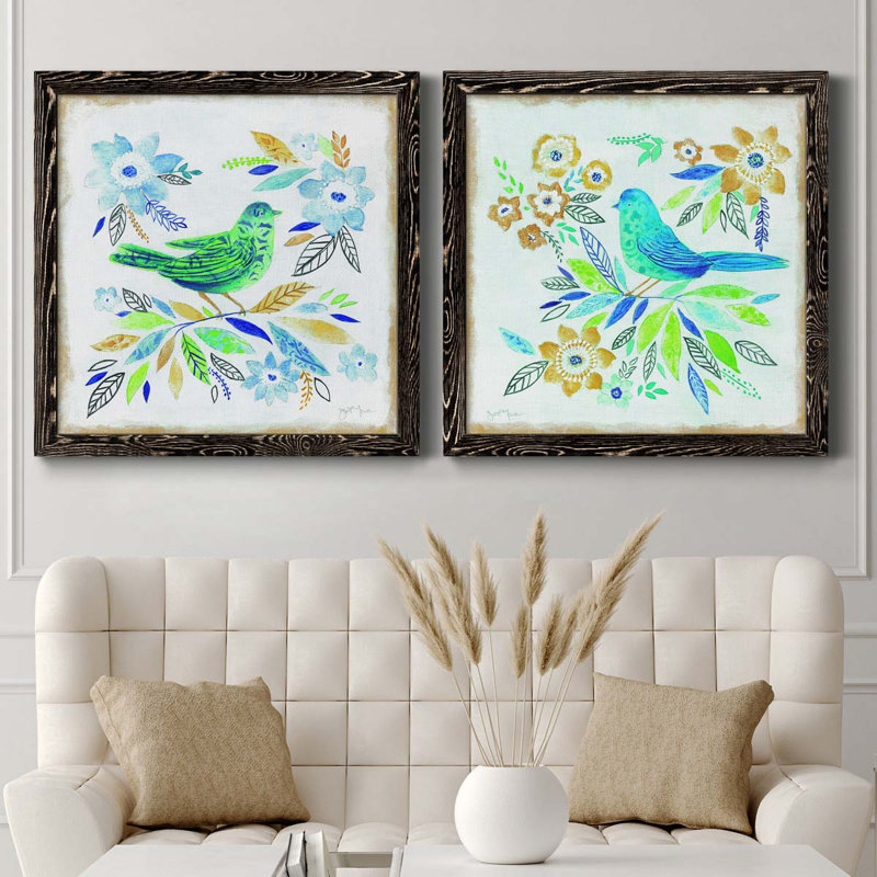 Oiseau Chanteur I - ensemble de 2 peintures sur toile encadrées, Cadre noir, H 35,5 po x l 71 po x P 1,5 po