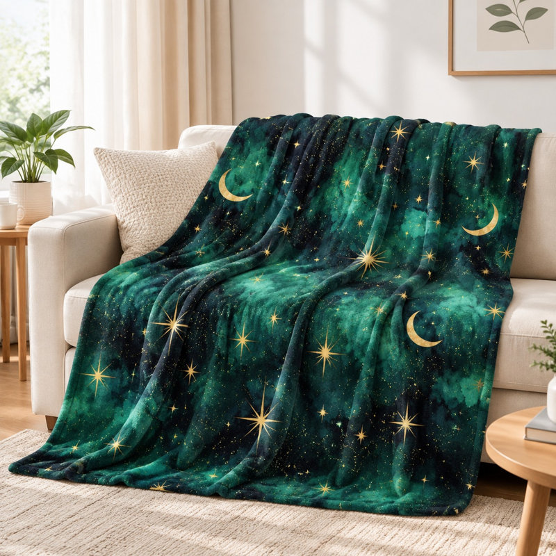 Galaxy Print Flannel Throw Blanket - Celestial Moon and Star Pattern, Deep Green, Ultra Soft, Lightweight, Breathable, All-Season, Skin-Friendly, Machine Washable, Decorative, for Sofa, Couch, Living Room and Bedroom