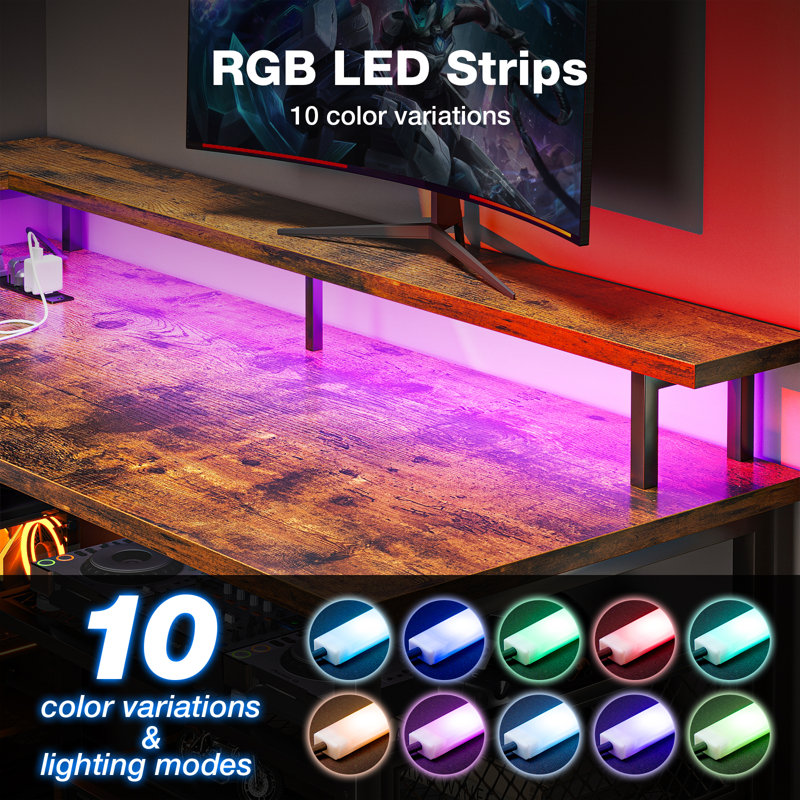 Latarya 59''W L-Shaped Desk with Steel Storage Shelves,Reversible Computer Desk with Built-in Outlets and LED Strip Lights