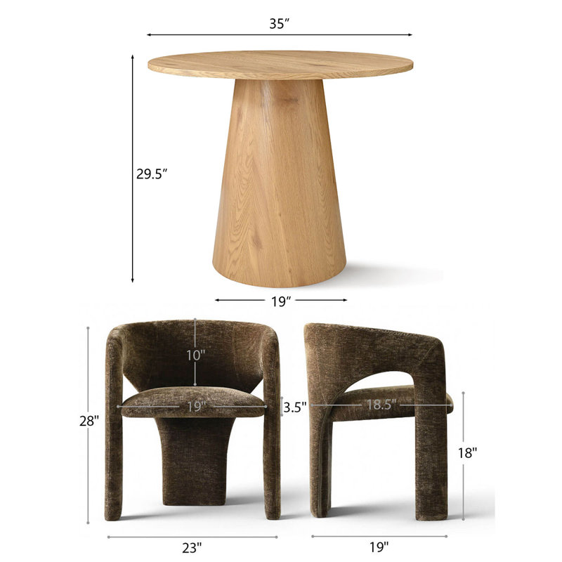 35" Round Pedestal Dining Set With Upholstered Chairs, Brown, Oak