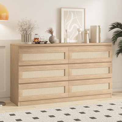 Commode en rotin pour chambre à coucher avec 6 tiroirs, commode de style campagne moderne de 47 po, armoire de rangement en bois pour placard, salon, couloir