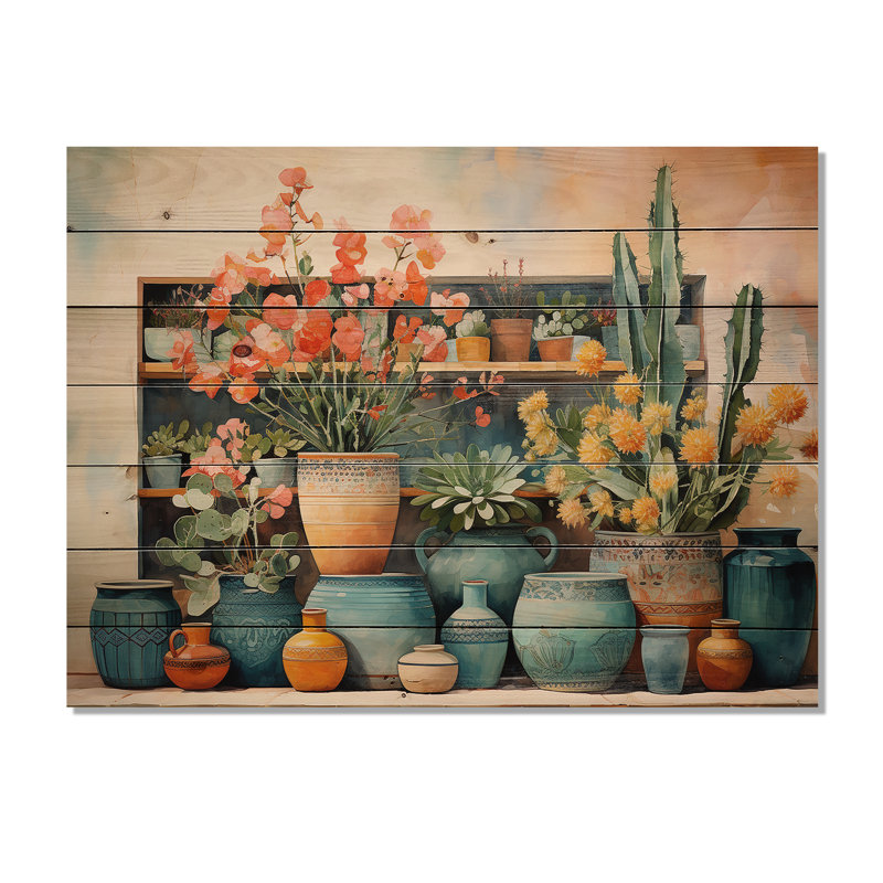 Aquarelle florale bleue I - poterie bohème sur bois, H 30 po x l 40 po x P 0,78 po
