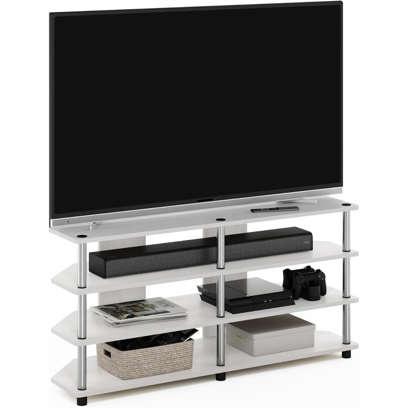Meuble télé de coin à 4 niveaux Chêne / Acier inoxydable, Blanc