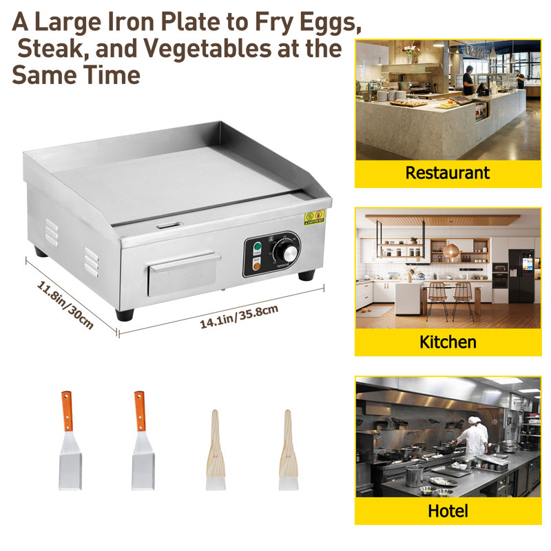 14 Inch Electric Griddle, Stainless Steel Flat Top Grill, 1500W, Adjustable Temp, Nonstick, Indoor