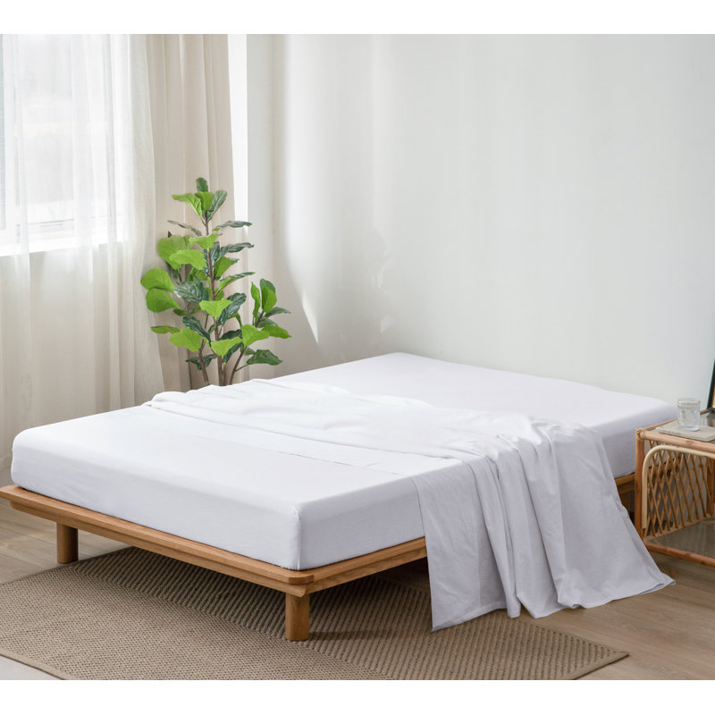 MooMee Flat Sheet 100% Washed Cotton Linen Like Textured Breathable Lightweight, Off White, King Flat Sheet