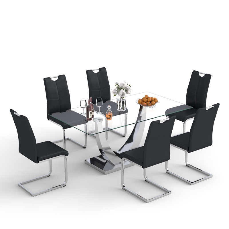 7 - Piece Rectangle Glass Pedestal Dining Set, Silver, Black/Silver
