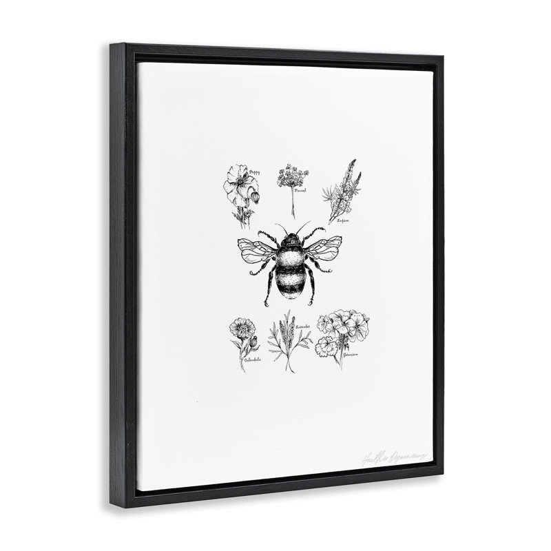 «Botanical Bee & Floral», art mural encadré sur toile flottante, design par Heather Desormeaux, Cadre flottant noir de jais