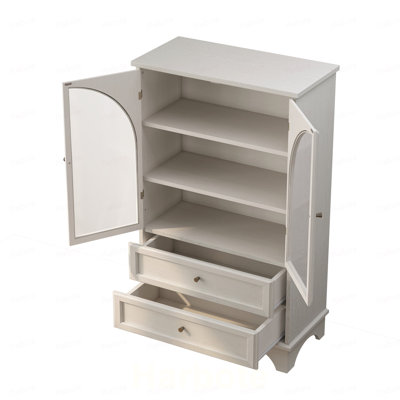 Armoire de rangement vitrée avec 2 tiroirs et tablette réglable en verre, solutions de rangement spacieuses, armoire vitrée pour le salon, la chambre à coucher, la cuisine et le bureau