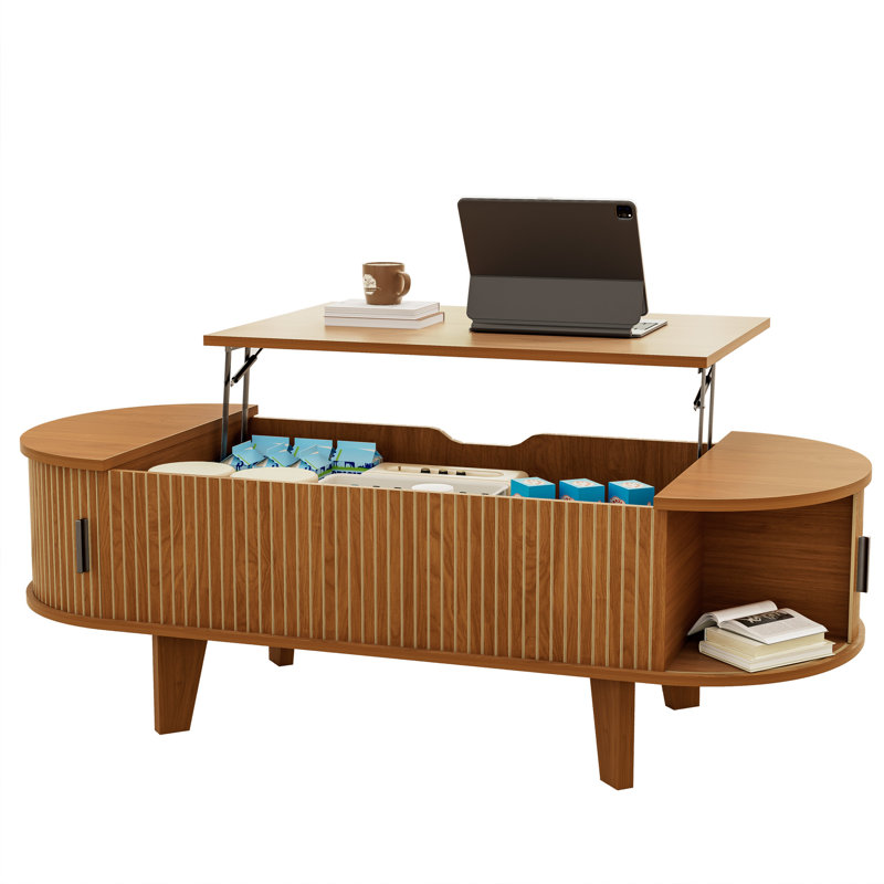 Oval Lift Top Coffee Table with Storage, 47.2" Mid Century Modern Living Room Center Table with 180° Sliding Tambour Door, Wood Fluted Coffee Table for Home Office, Walnut