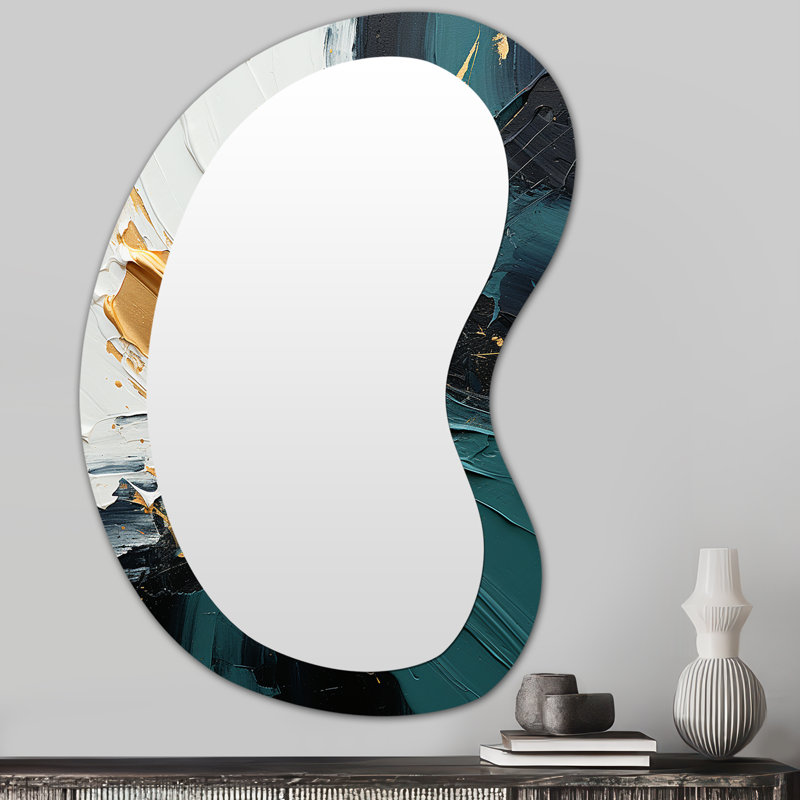 Ferrigle Gold and green white marble waterfall V - Abstract Painting Unique Shape Mirror, Gold Freeform Decorative Wall Mirror, Printed Metal Art