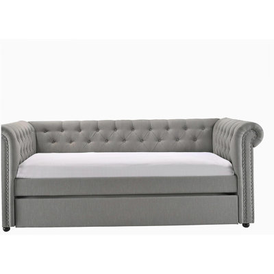 Luxurious 1pc Modern Aesthetic Beautifully Button Tufted Nailhead Trim Design Daybed Built-in pull-out Trundle Bed Living Space Guest Room Bedroom Dove Gray