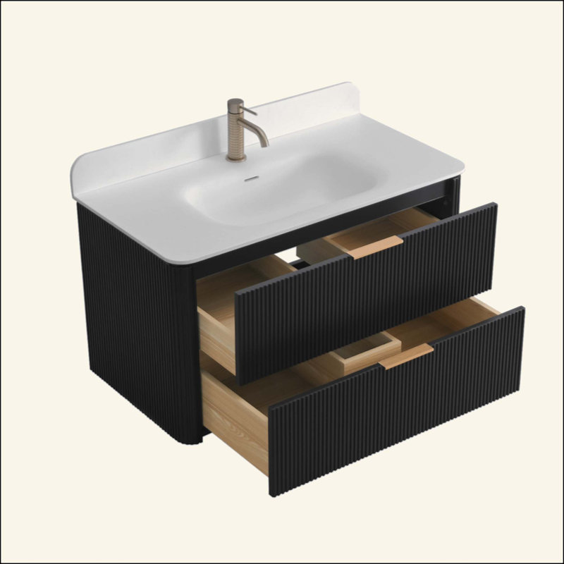 Meuble-lavabo cannelé avec lavabo et quincaillerie intégrés, Black/Gold, 24"