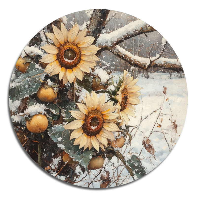 Tournesols dans le verger enneigé - reproduction d'art traditionnelle jaune sur métal, H 23 po x l 23 po