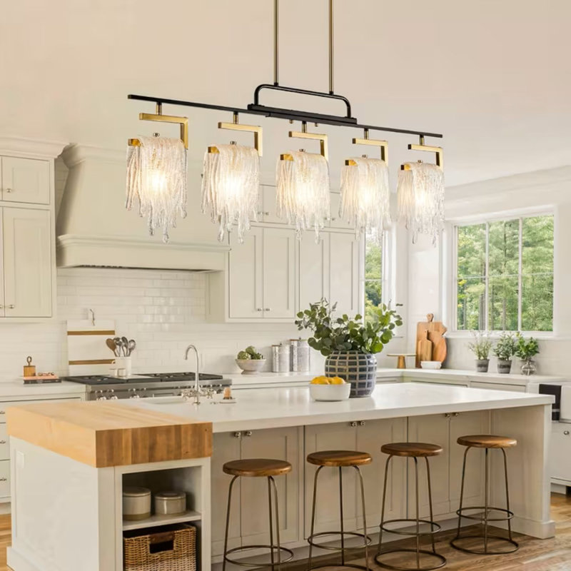 Modern Farmhouse 5-Light Linear Chandelier/Ceiling Pendant Light - Matte Black Semi-Flush Mount Hanging Fixture With Clear Glass Shades, Included Suitable Island & Dining Table Lighting, Dimmable